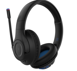 A black headphones with a microphone

Description automatically generated